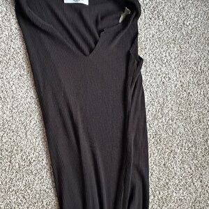 Ribbed V-Neck Sleeveless Mid Dress - Dark Brown